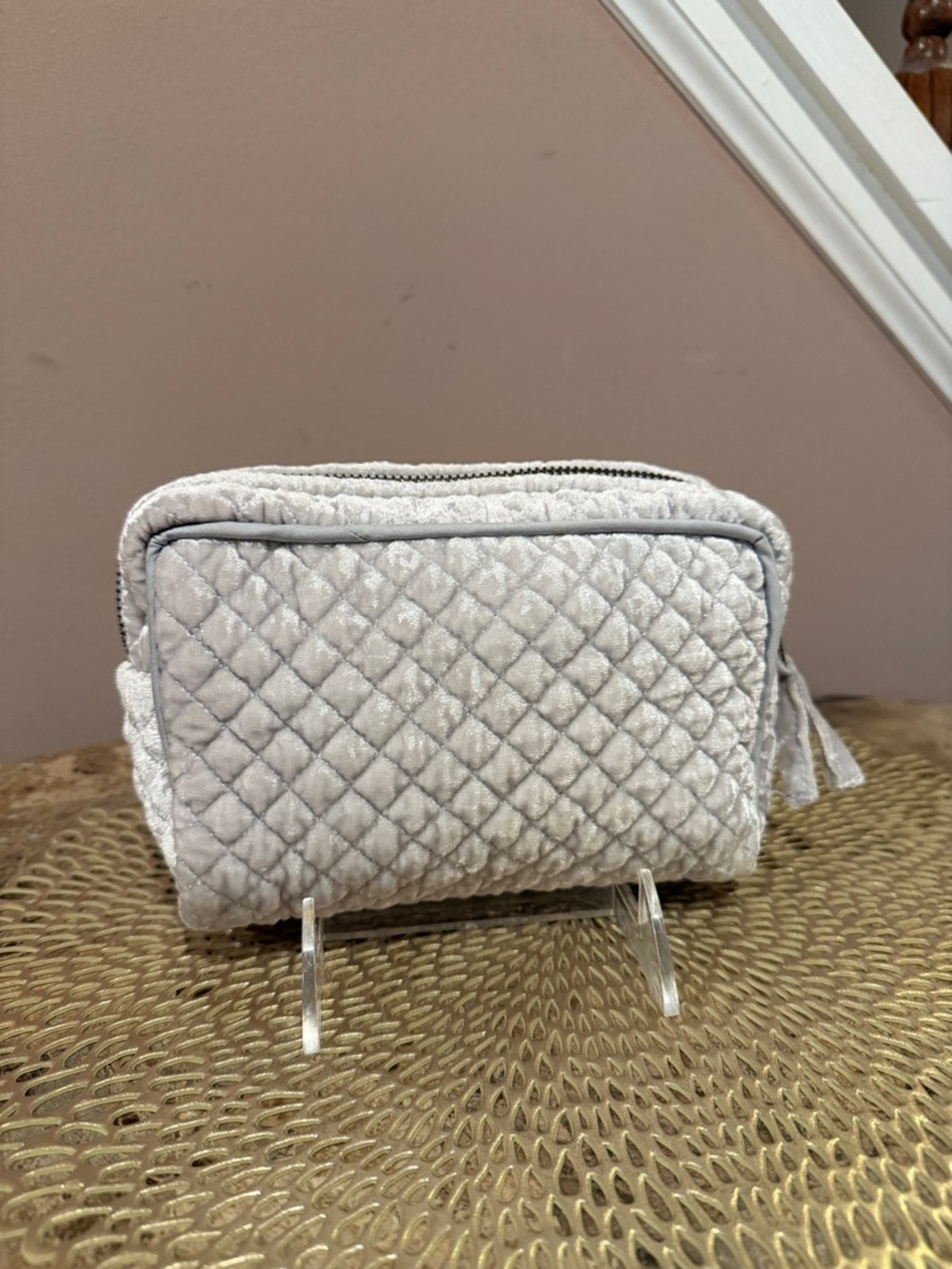 Pottery Barn Quilted Velvet Zip Cosmetic Pouch - Light Gray